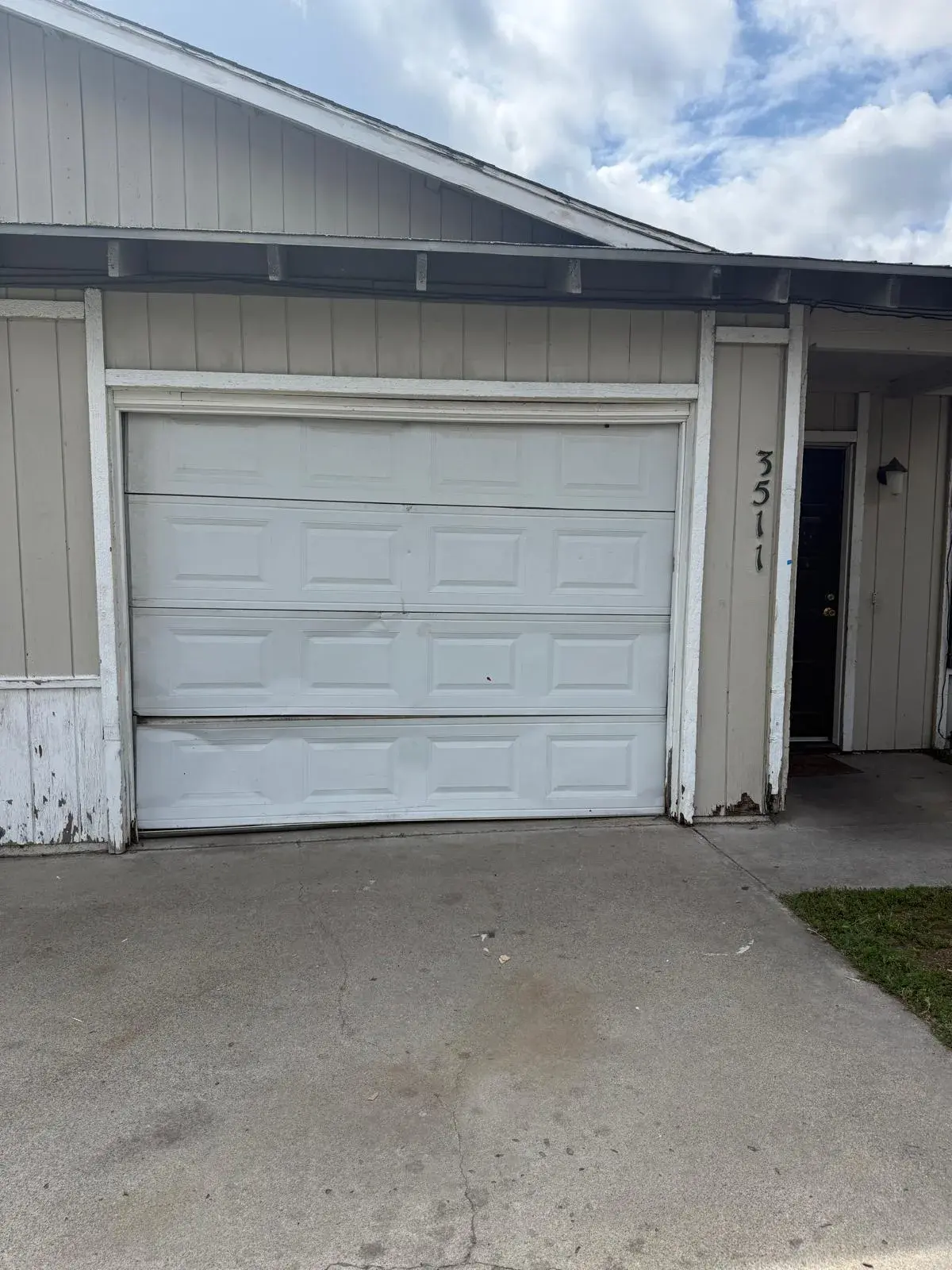 Before and After: 9x7 C.H.I. Model 2250 White Garage Door Replacement — : old door removal, new sectional door installation, hardware replacement, spring balance, safety check. Product: 9' x 7' whi —