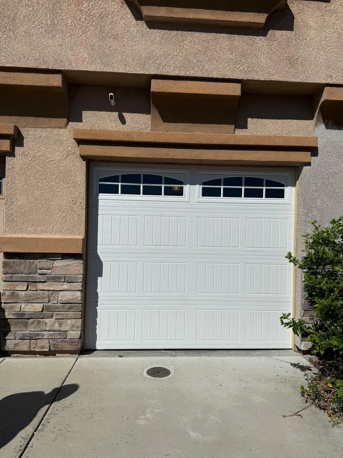 Wayne Dalton Model 9100 Clear Glass Door and C.H.I. 4283 Almond Long Panel Door — Insulated residential door installation, window or no-window selection, weather seal and balance testing. Product/job